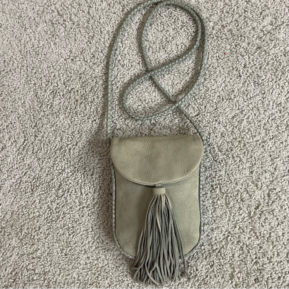 LUCKY BRAND Pale GREY GREEN Suede CROSS BODY Fringe TASSLE Mini FESTIVAL BAG